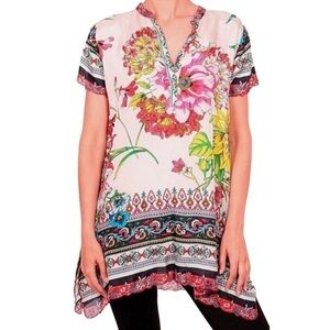 Johnny Was Floral Silk Tunic Top button XS